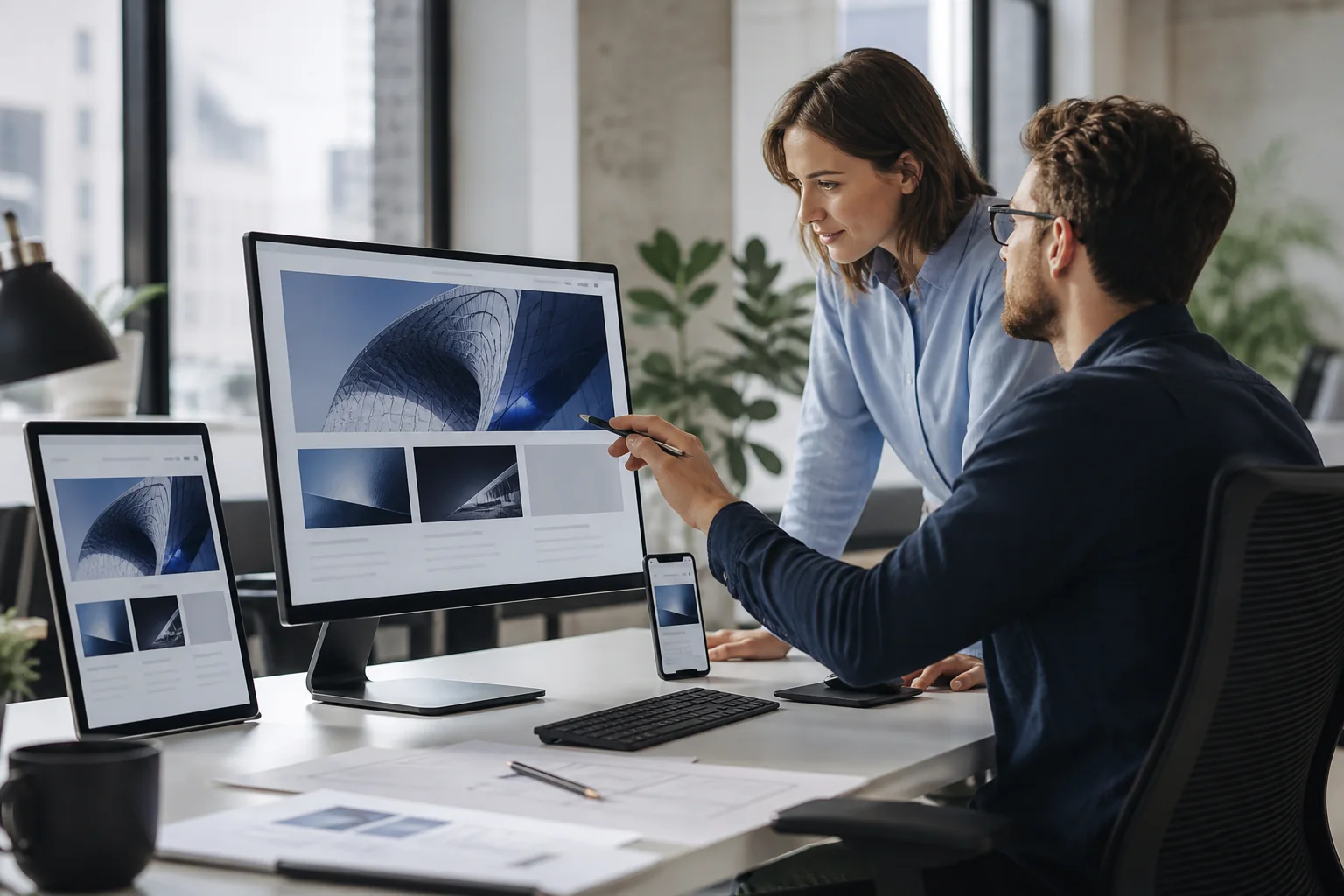 Custom website design and development team reviewing a responsive website