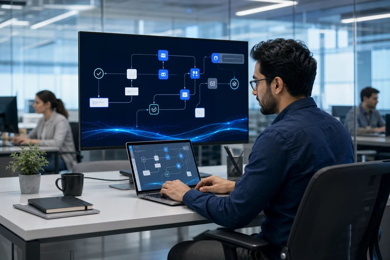 Operations specialist monitoring an automated business workflow
