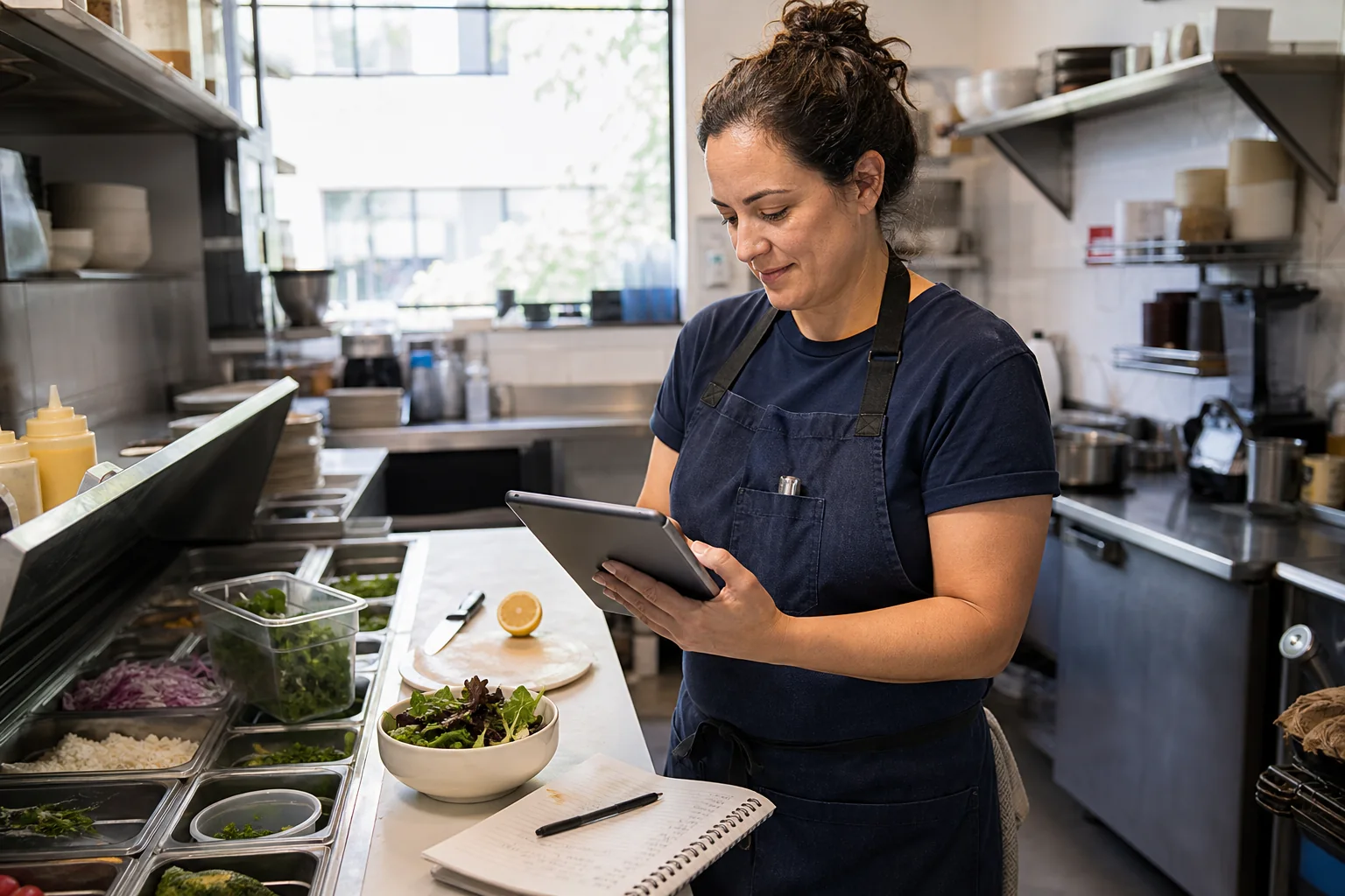 Café cook reviewing ingredients recipes and food costs on a tablet