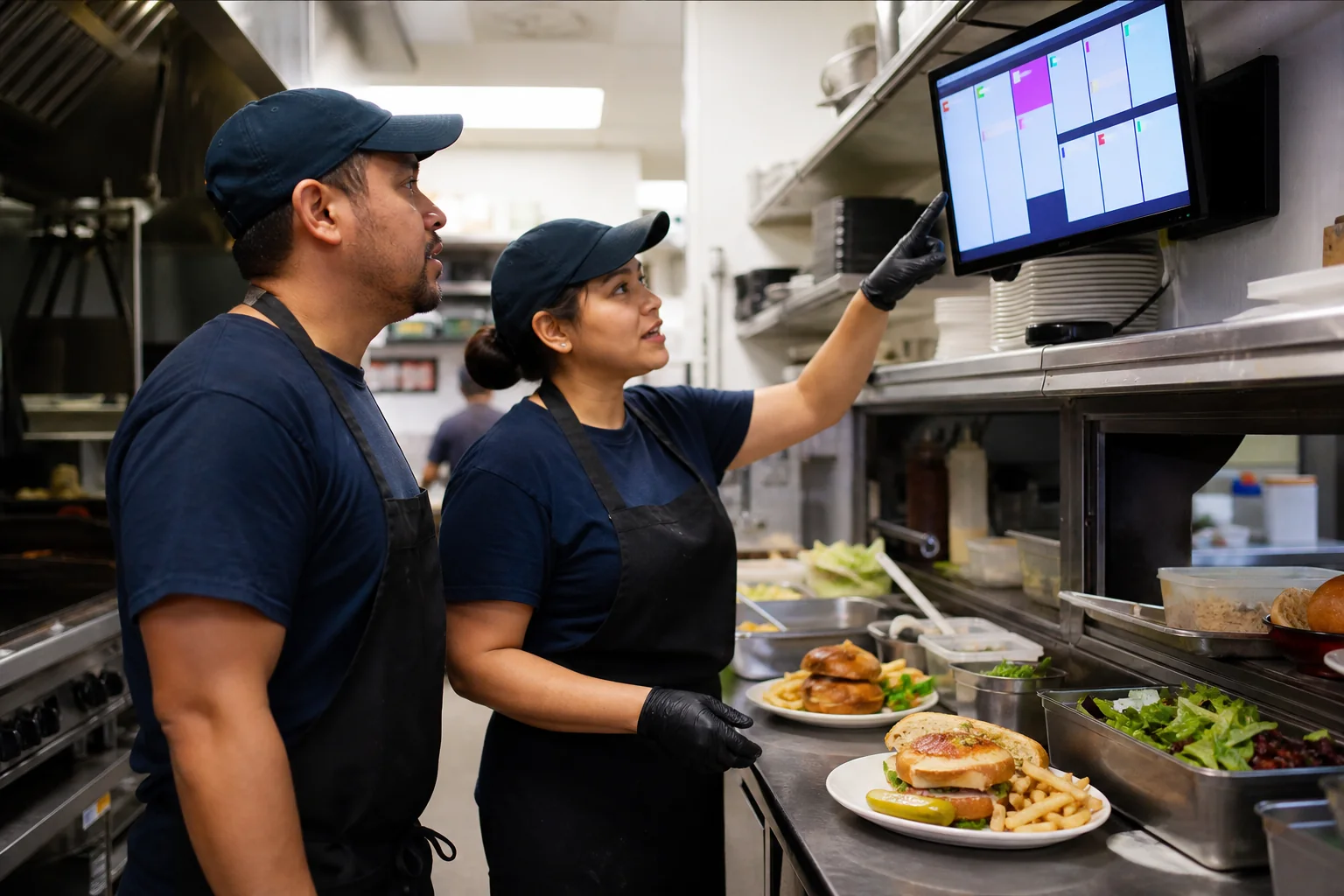 Casual restaurant cooks coordinating orders on a kitchen display
