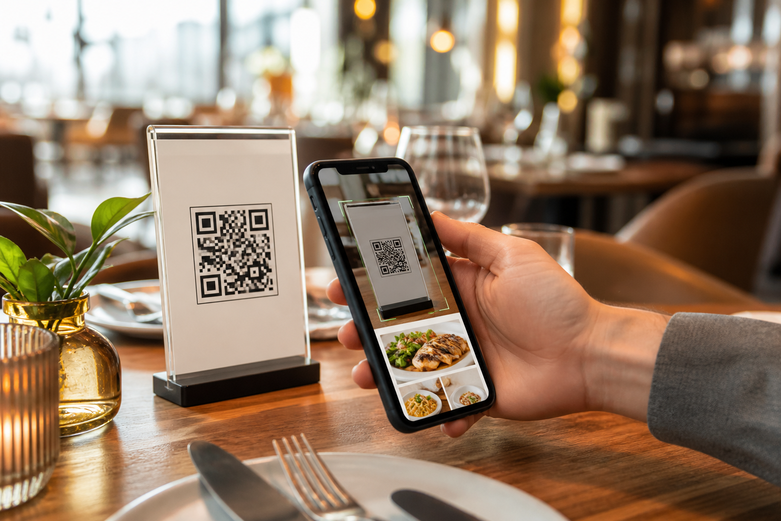 Cliente escaneando un menú QR en la mesa de un restaurante