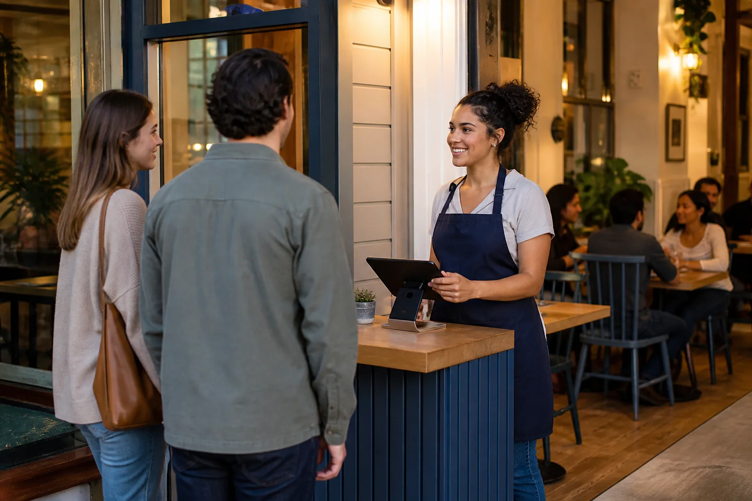 Host welcoming customers at a casual neighborhood restaurant