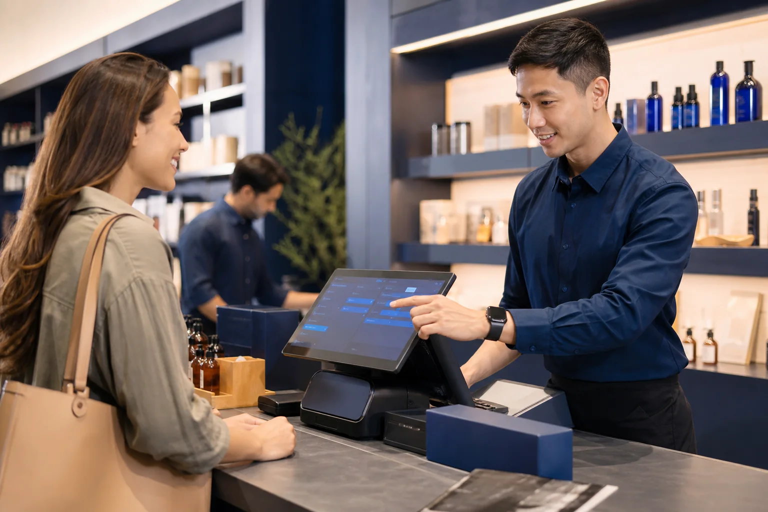 Employee assisting a customer with a modern point-of-sale system